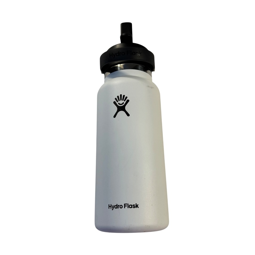 Hydro Flask 32 oz Wide Mouth Water Bottle White with a lid missing the straw